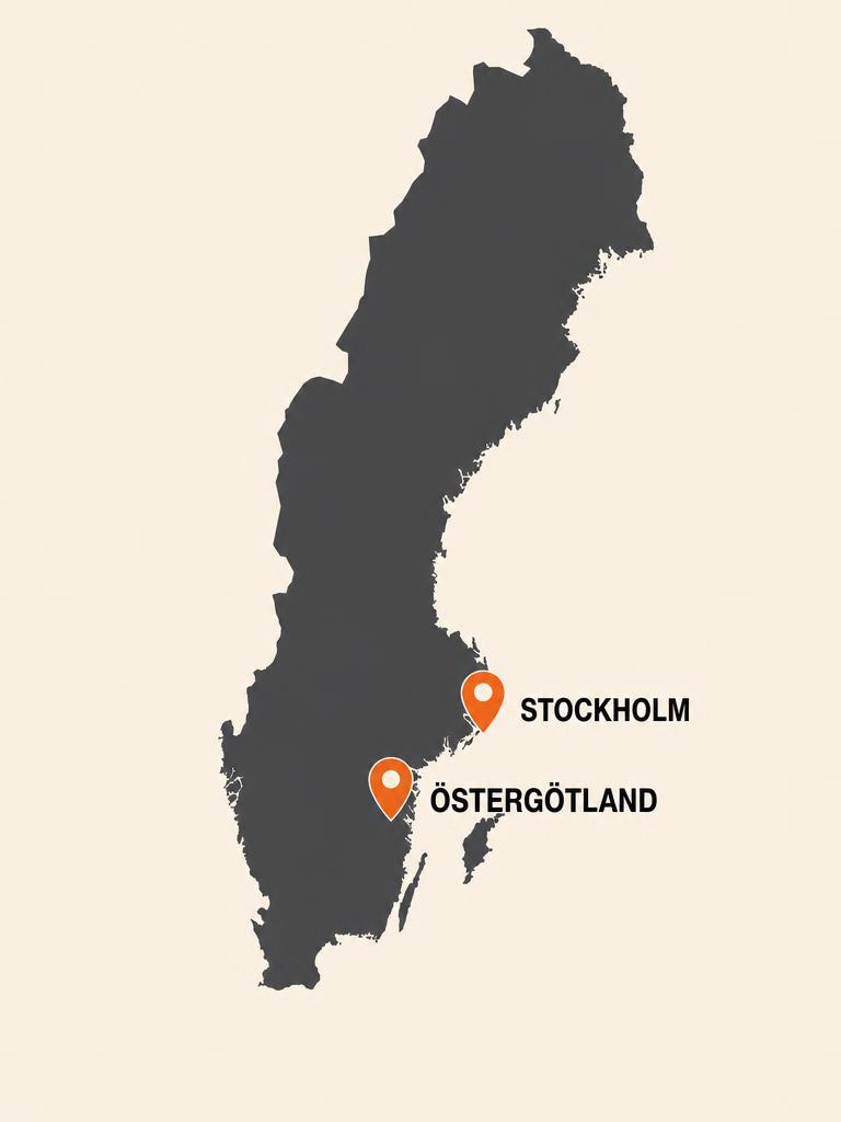 Karta över Sverige med SafeCons kontor i Stockholm och Östergötland